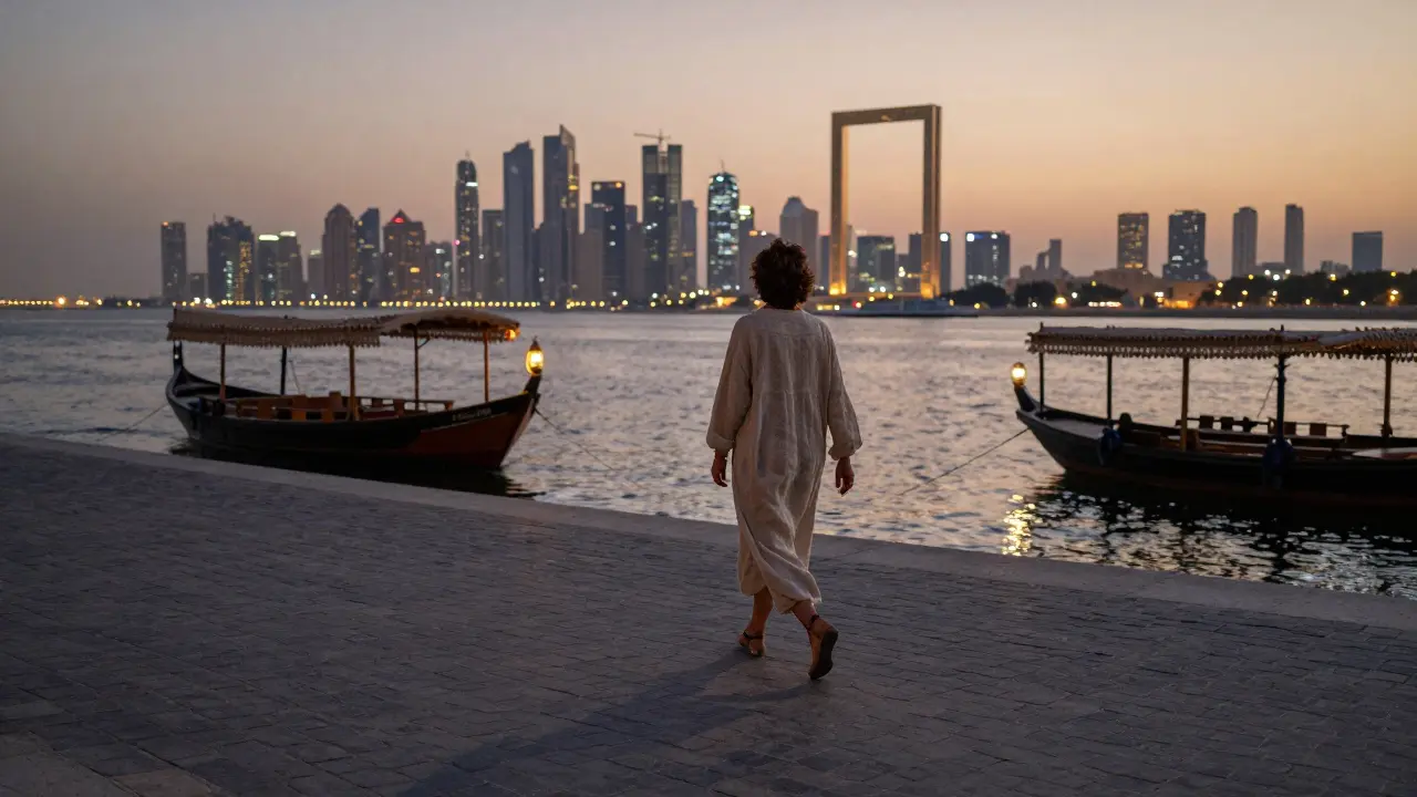A quiet walk along Dubai Creek at dusk with a companion, silhouetted against the glowing city skyline.