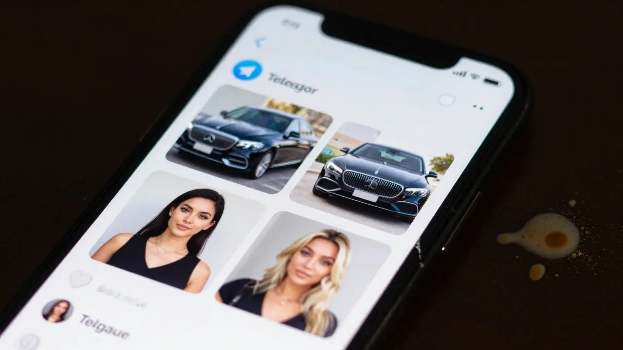 A smartphone showing a suspicious Telegram chat with fake escort photos and spilled coffee nearby.