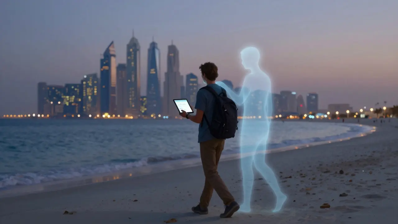 A solo traveler on Jumeirah Beach with a symbolic figure representing companionship.