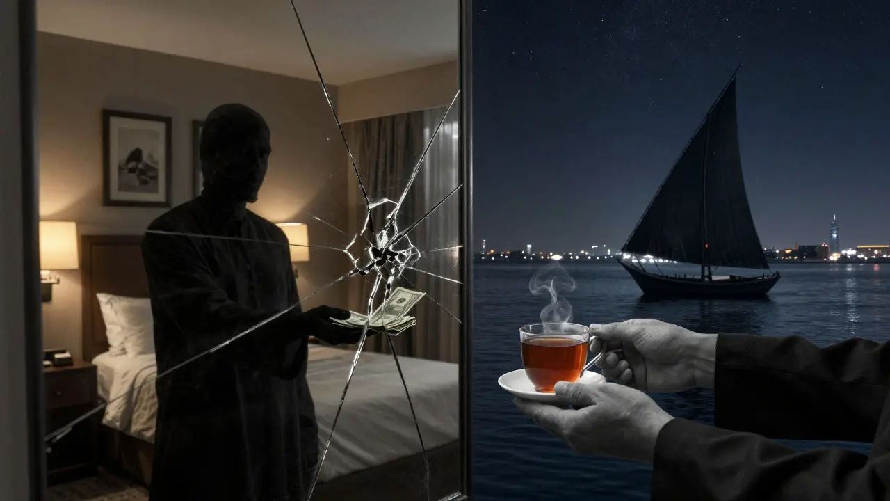 A symbolic mirror showing dark transaction on one side and warm human connection by the creek on the other.