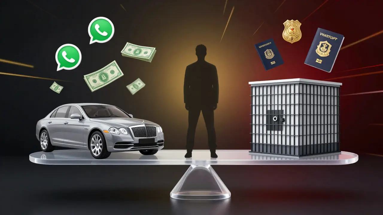 A symbolic scale balancing luxury and legal danger in Dubai, with icons floating around.