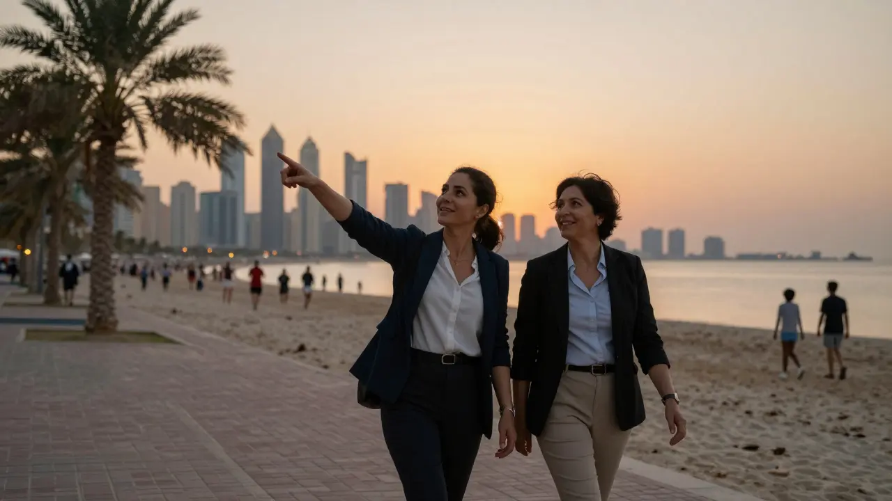 A woman and client walking along JBR beach at dusk, laughing and enjoying the city skyline together.