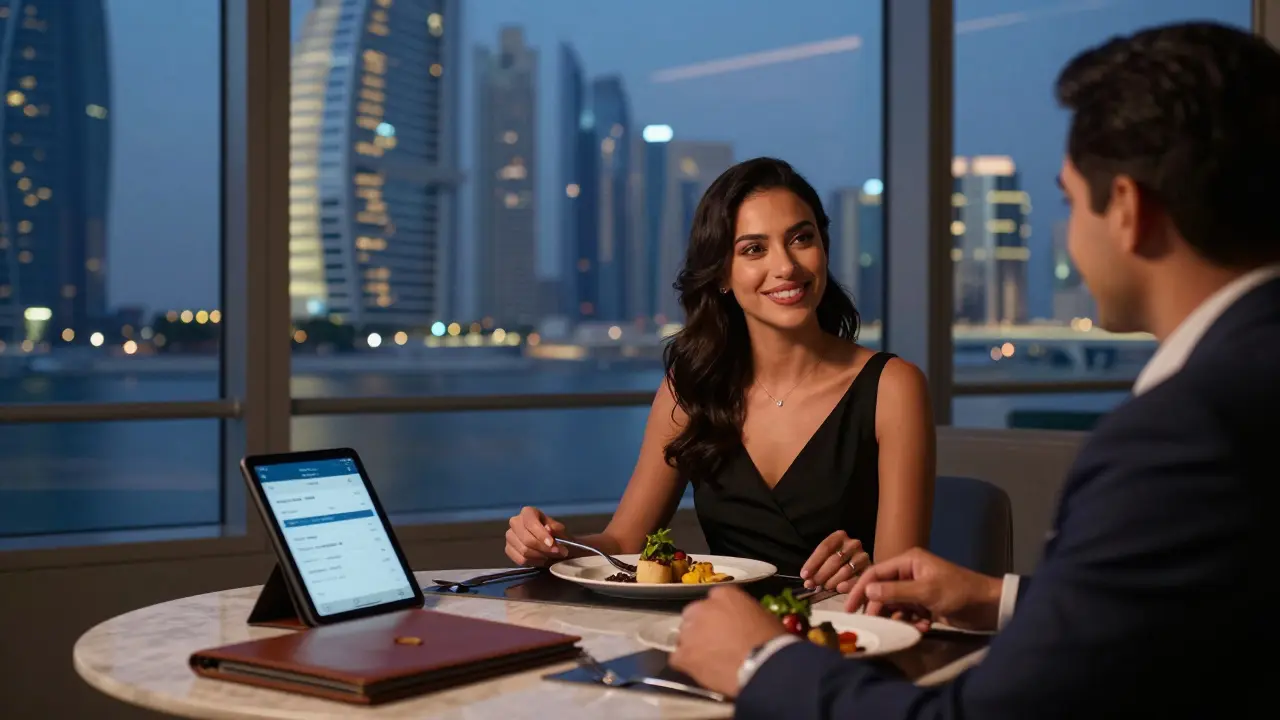 A woman and man dining in a modern Dubai lounge, engaged in thoughtful conversation under soft lighting.