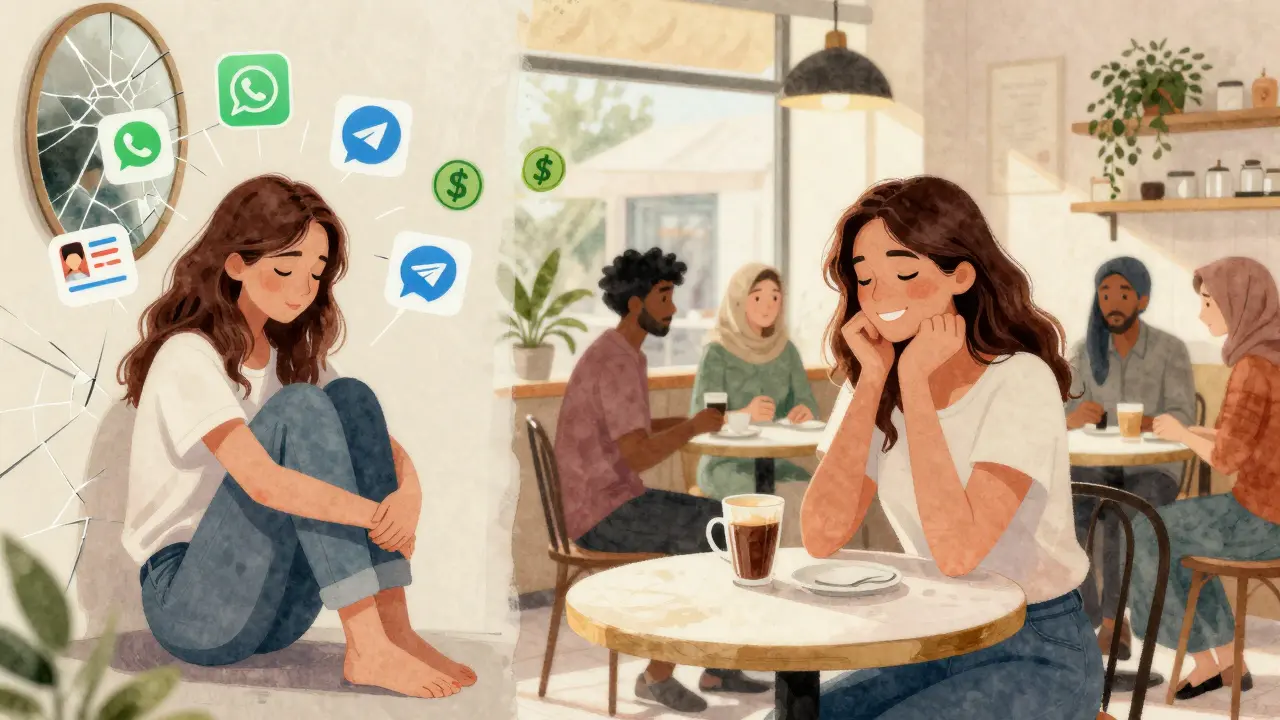 A woman caught between digital exploitation and warm human connection in a vibrant Dubai café.