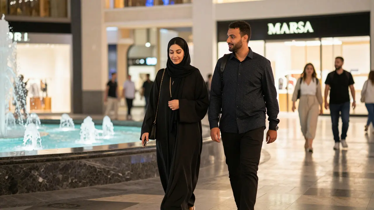 A woman in traditional attire walking with a man through the Dubai Mall at night, surrounded by lights and shoppers.