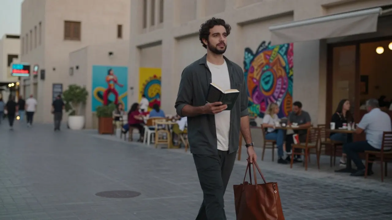 A woman walking through Alserkal Avenue at dusk, holding a book, surrounded by street art and soft neon lights.