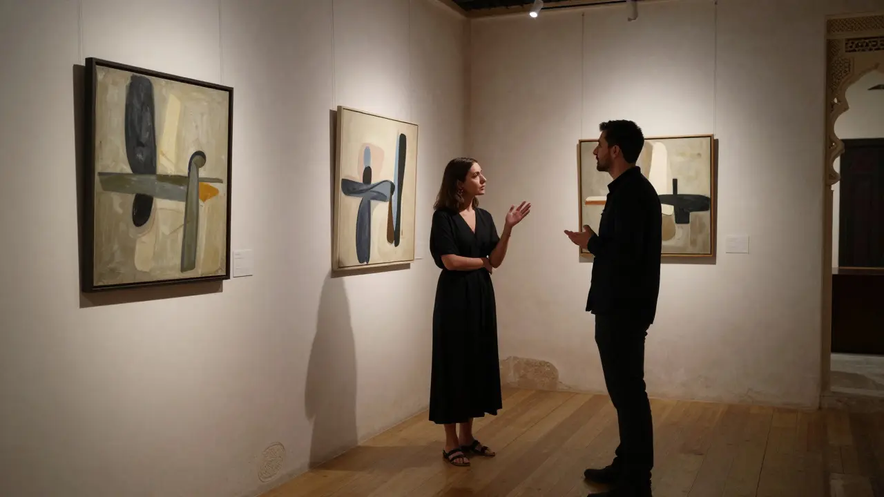 An intimate art gallery scene in Al Fahidi where two people engage in thoughtful conversation.