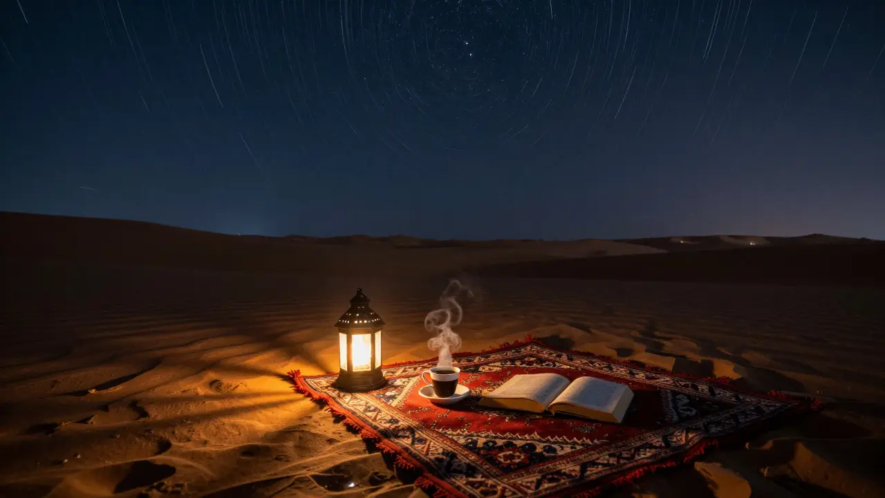 Desert camp under starry sky with lanterns and coffee, quiet evidence of human presence.