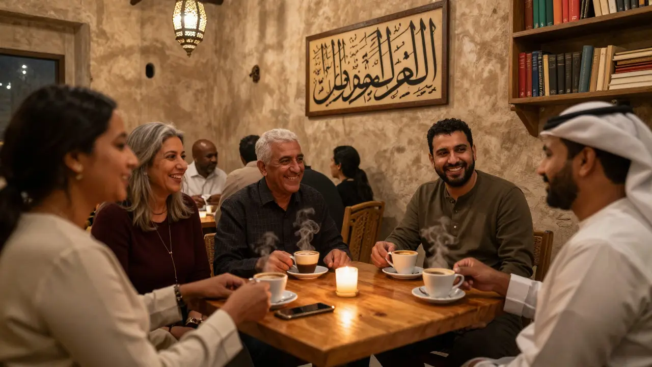 Diverse people laughing together at a cozy heritage café in Bur Dubai over coffee and books.