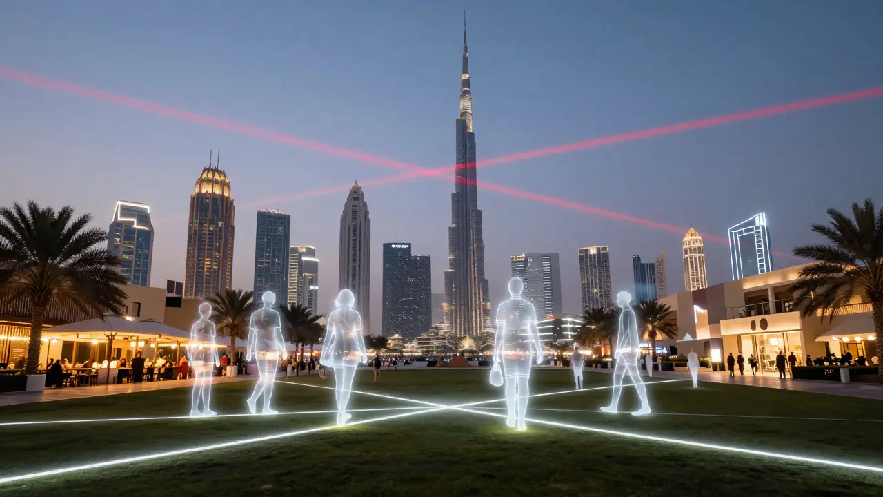 Dubai's skyline at dusk with glowing paths of people connecting in safe spaces, overlaid with warning lines.