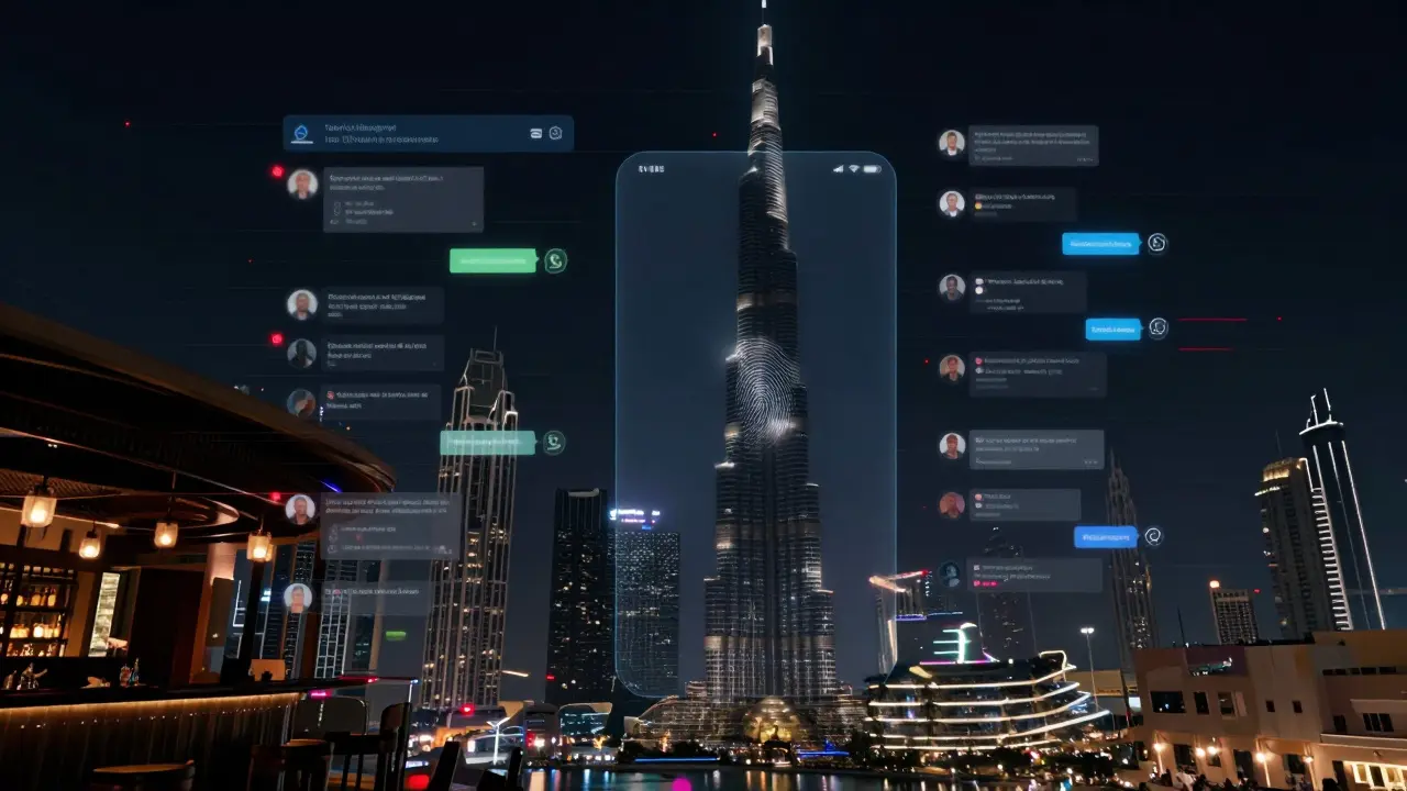 Glitch-style digital screens show encrypted messages and location pins over Dubai’s skyline, with a fingerprint smudge on a phone.