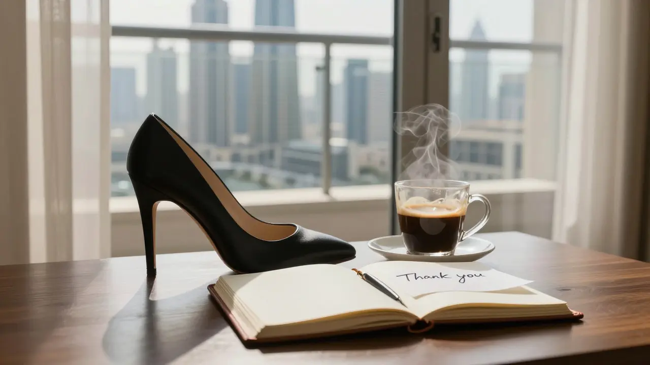 High-heeled shoe and open notebook on a hotel balcony with Dubai skyline reflected in glass, morning light streaming in.