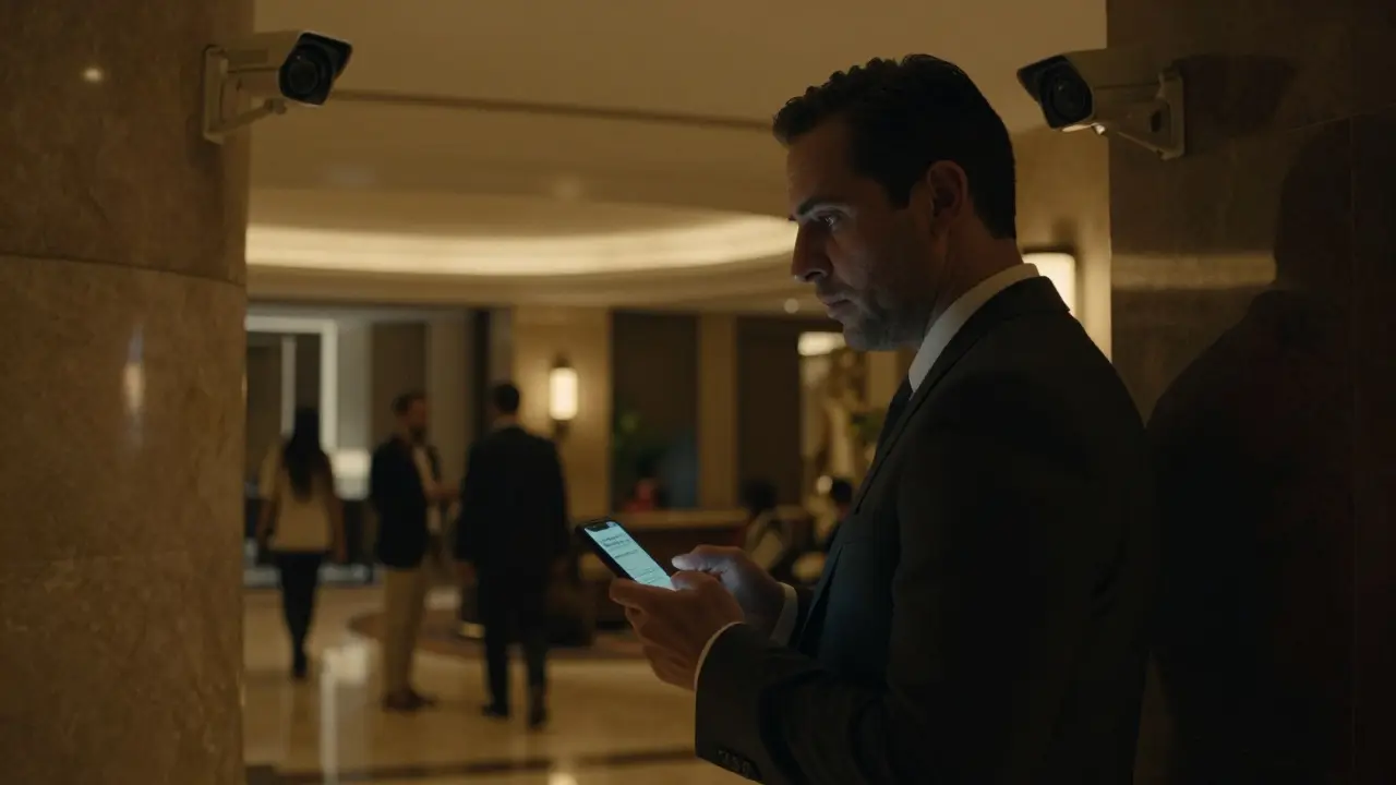 Man in a suit in a Dubai hotel lobby, nervously checking his phone while security cameras watch overhead.