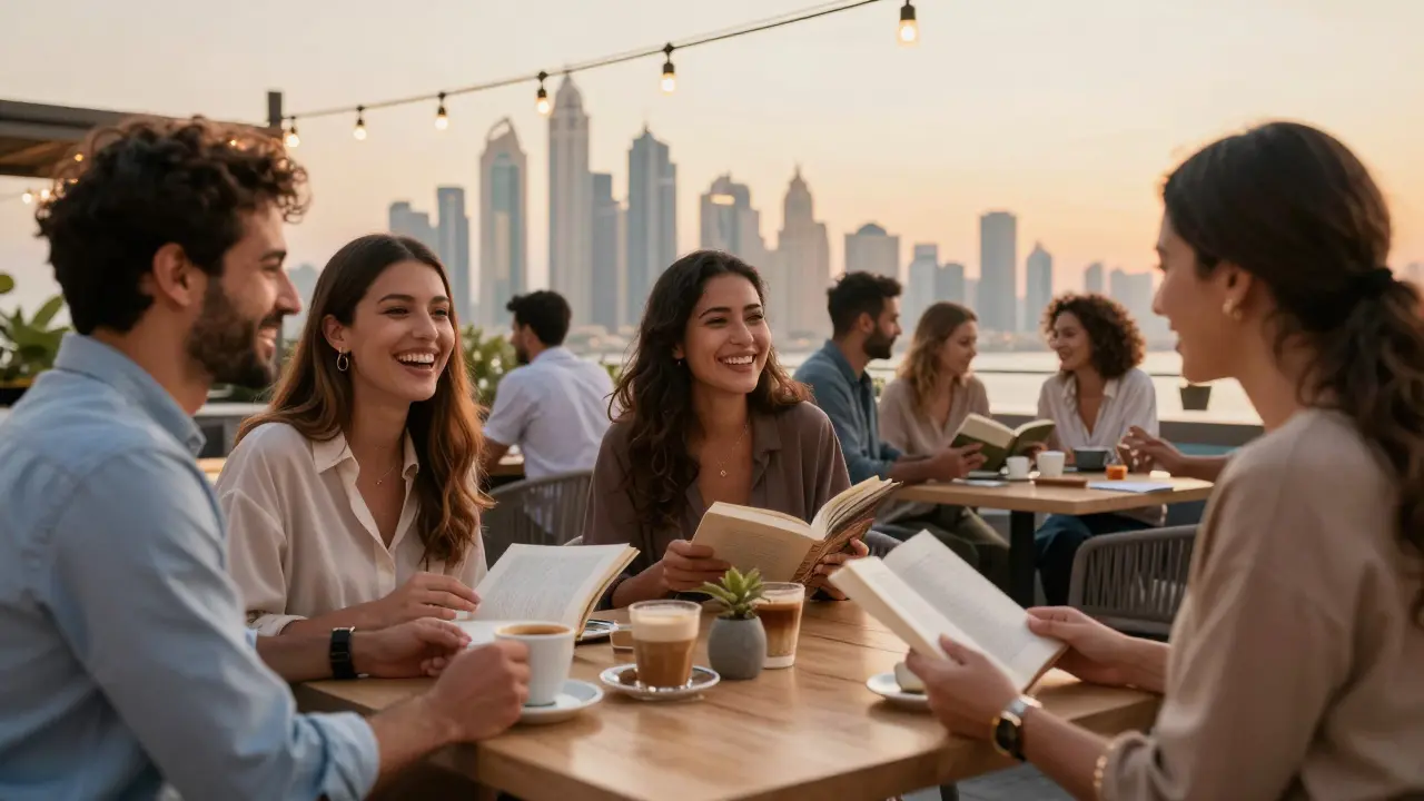 People laughing and socializing at a sunny Dubai rooftop café with the city skyline behind them.