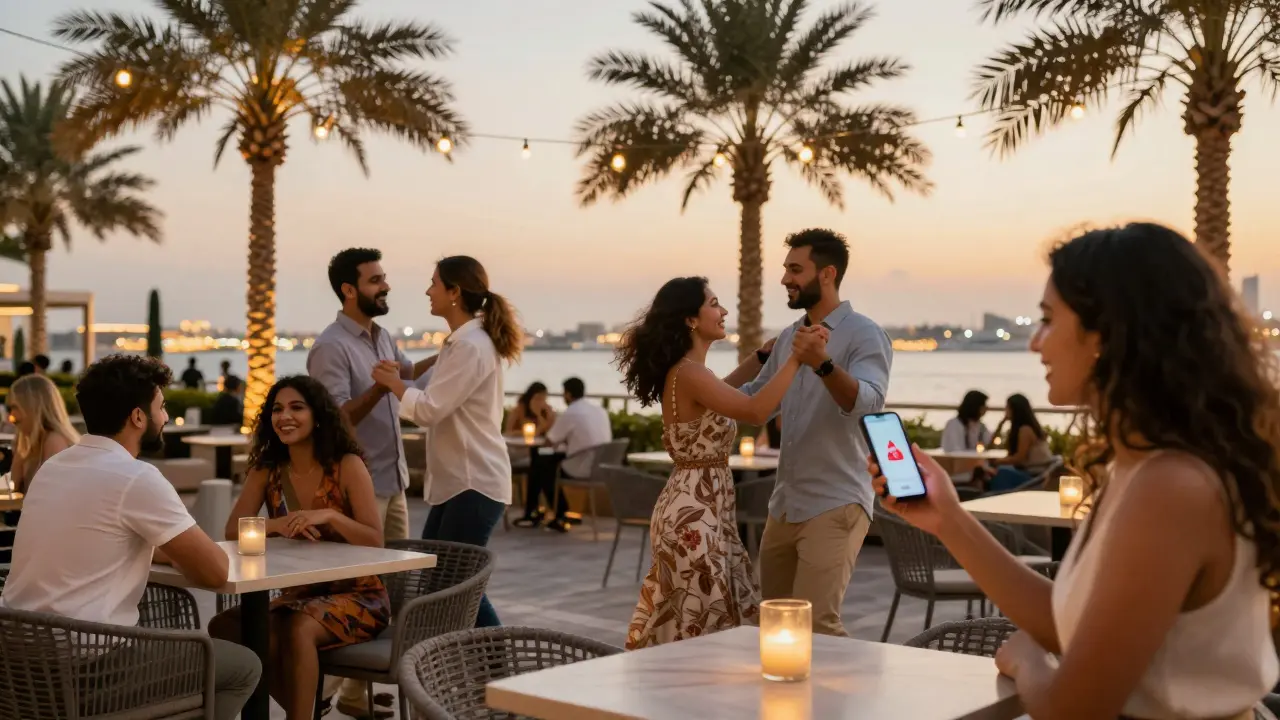 People socializing at a lively Dubai Marina café under warm evening lights, enjoying legal companionship.