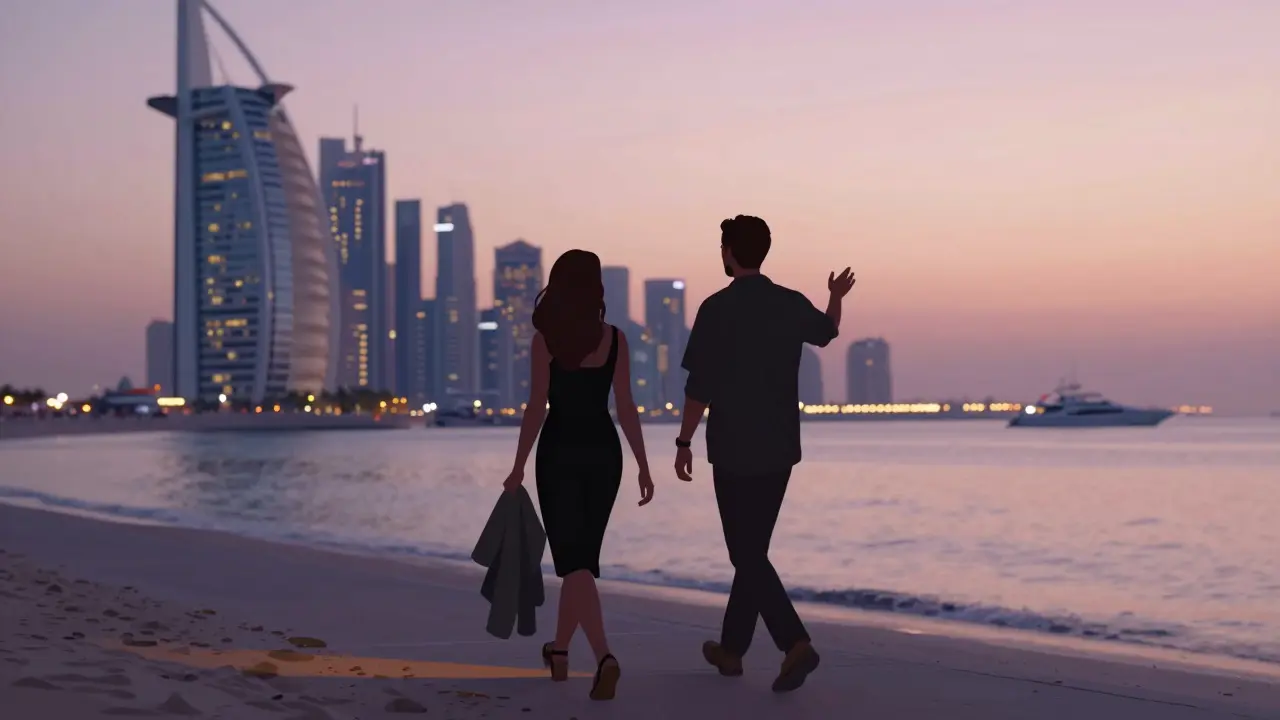 Silhouetted pair walking along Palm Jumeirah promenade at sunset, city lights reflecting on the water.