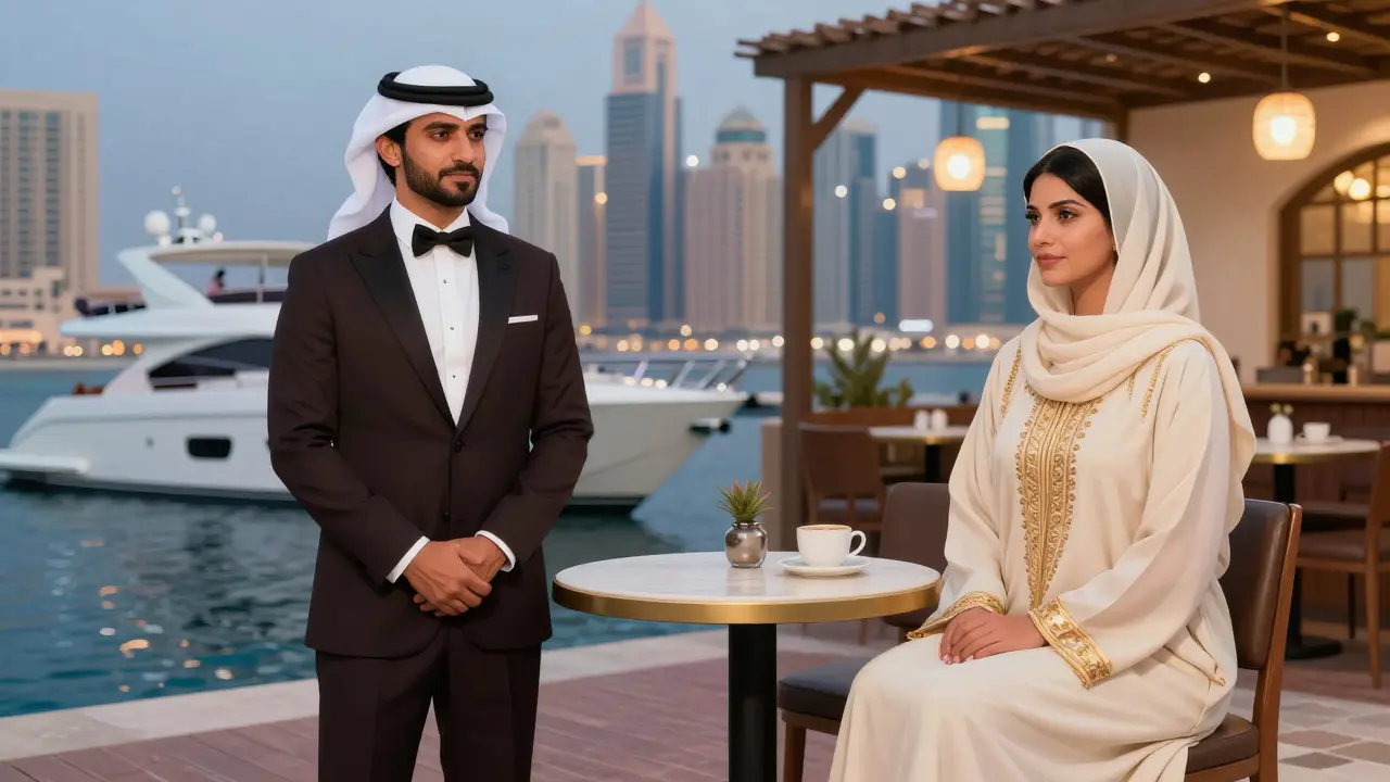 Split image: Euro escort beside a yacht and local companion near a café, symbolizing different companionship styles in Dubai.