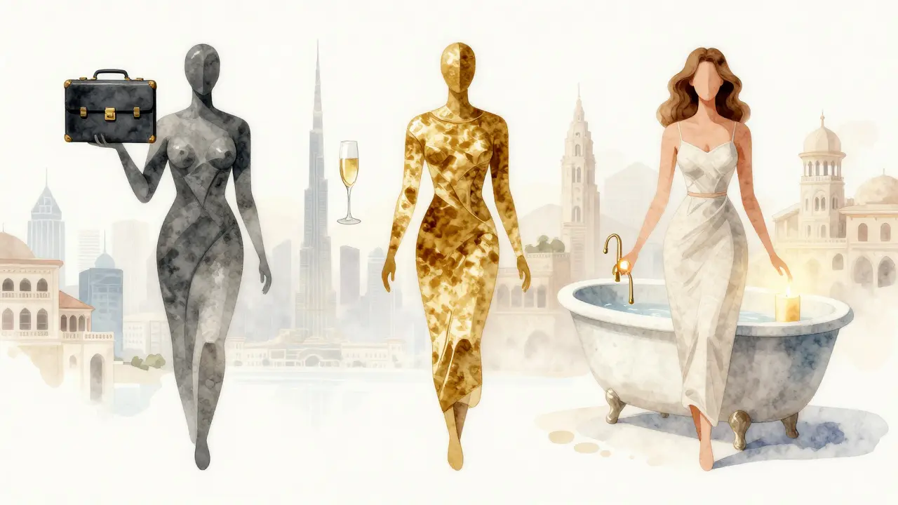 Three abstract figures symbolizing different types of Euro escorts in Dubai, surrounded by subtle luxury elements.