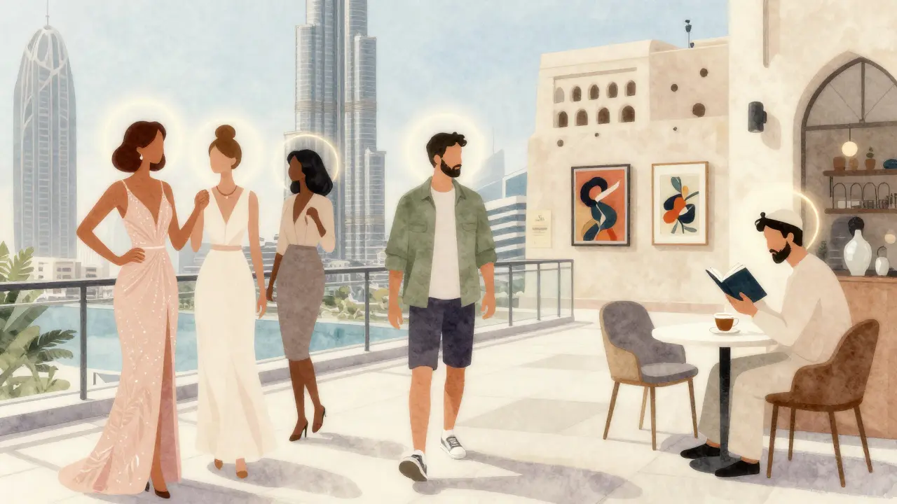 Three elegant companions are depicted in different Dubai settings — a gala, an art district, and a café — symbolizing diverse companionship experiences.