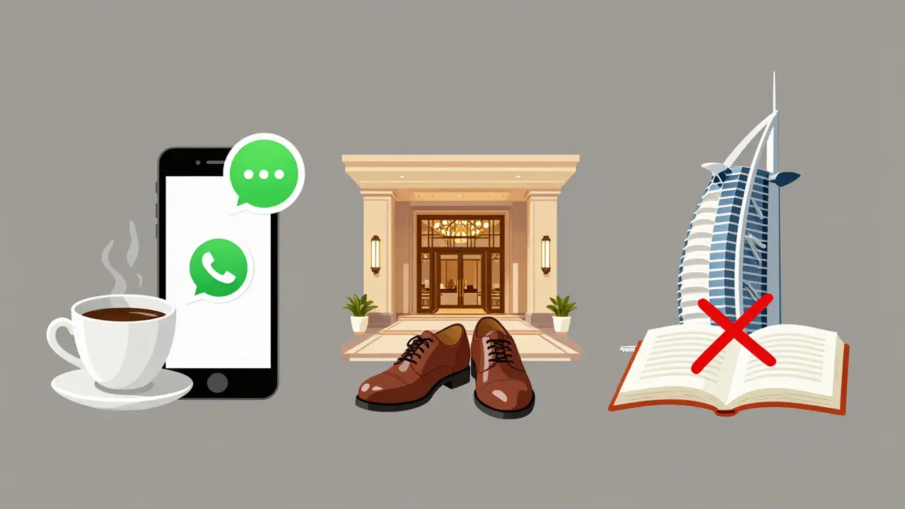 Three symbolic icons representing professional companionship: coffee and WhatsApp, hotel lobby, and a book with Burj Al Arab in background.