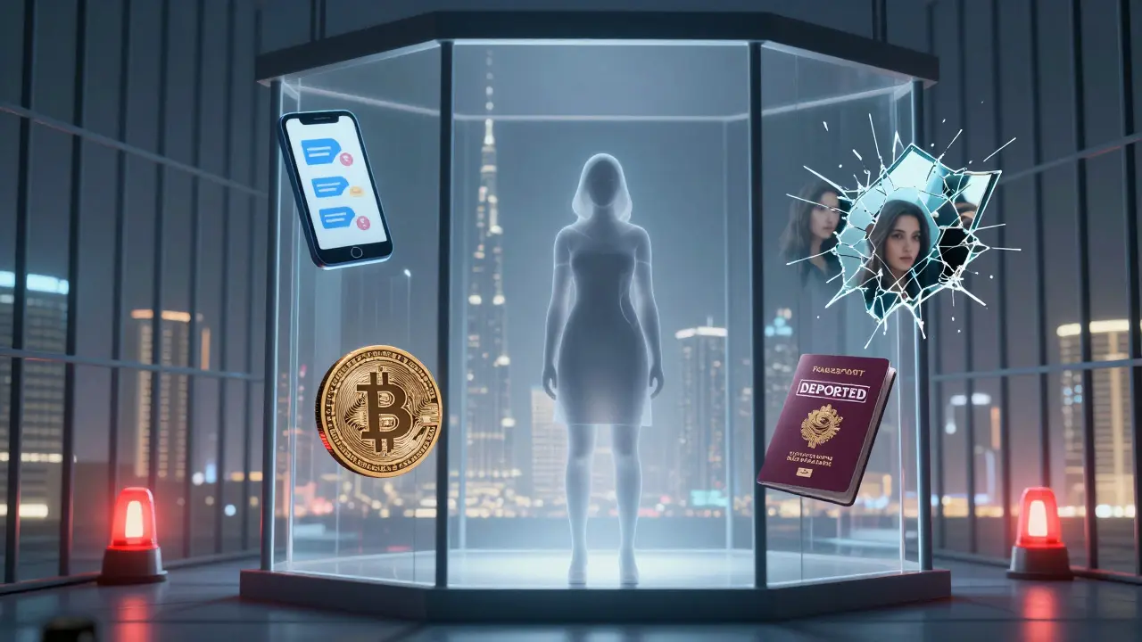 Transparent silhouette of a woman inside a glass prison, surrounded by digital symbols of danger and deportation under Dubai's skyline.