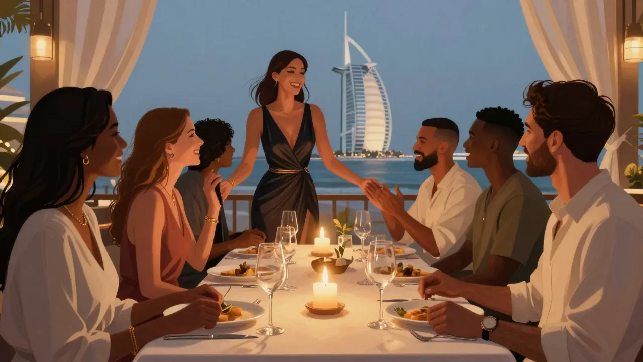Two people enjoying an elegant dinner at Pierchic with views of Burj Al Arab.