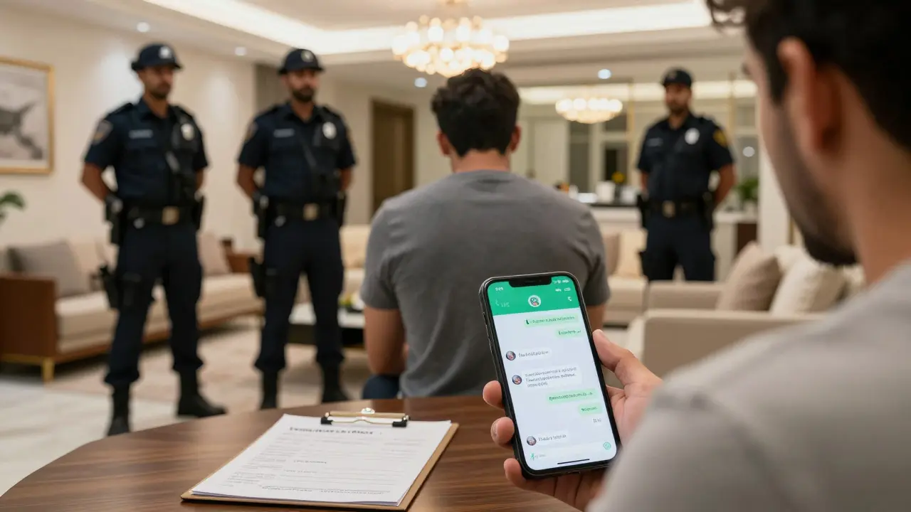 Undercover police detaining a man in a Dubai apartment after a suspected illegal escort transaction.