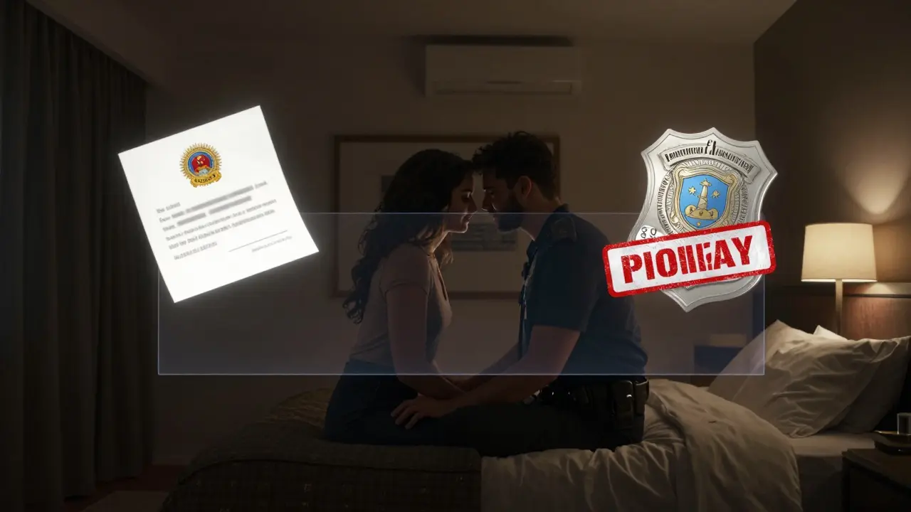 A conceptual image showing a legal boundary between a romantic moment and symbols of punishment in Dubai.