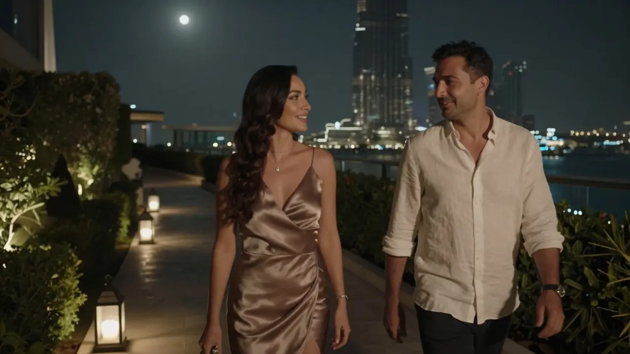 A couple walking peacefully along a rooftop garden in Jumeirah, overlooking the Gulf under moonlight.