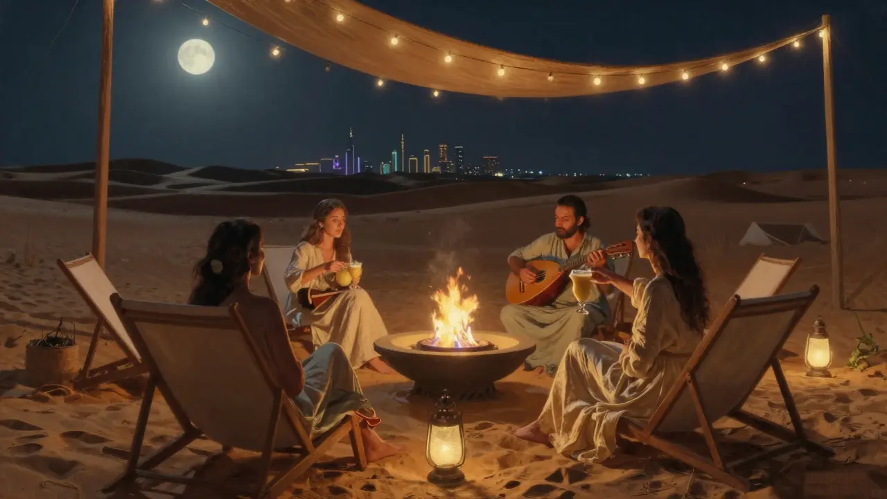 A desert lounge at night with string lights, oud music, and guests sipping camel milk cocktails under the stars.