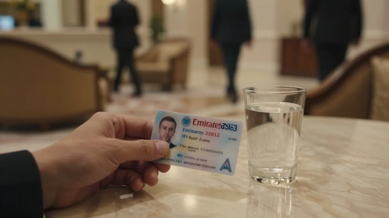 A folded Emirates ID card and glass of water on a hotel lobby table, symbolizing discreet companion verification.