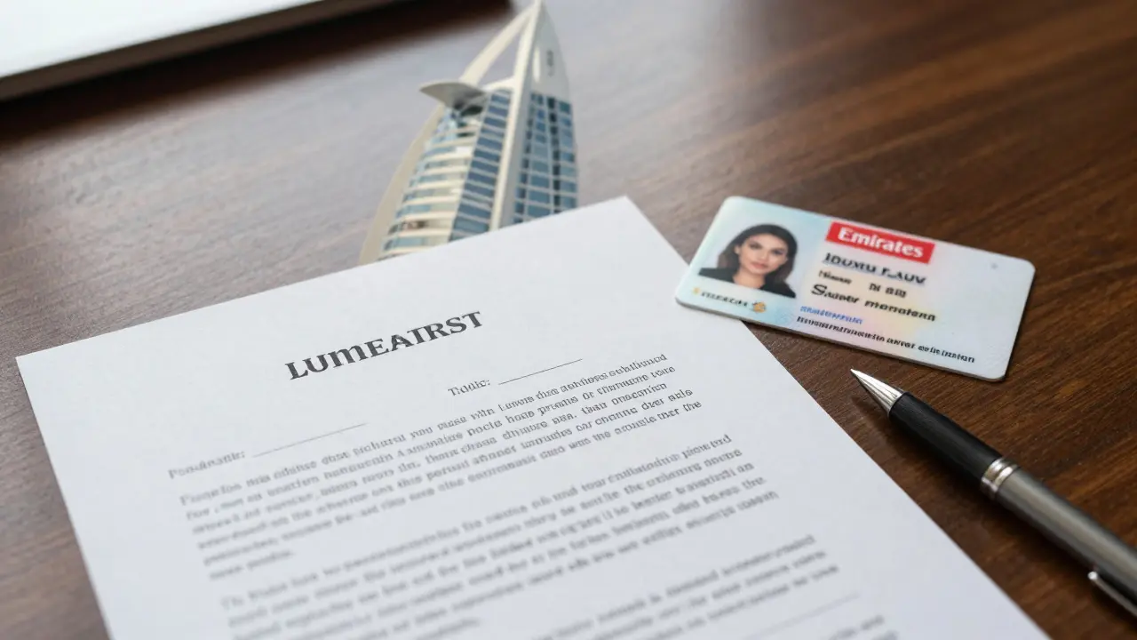 A handwritten contract and ID documents lie on a desk beside a photo taken in front of Burj Khalifa.