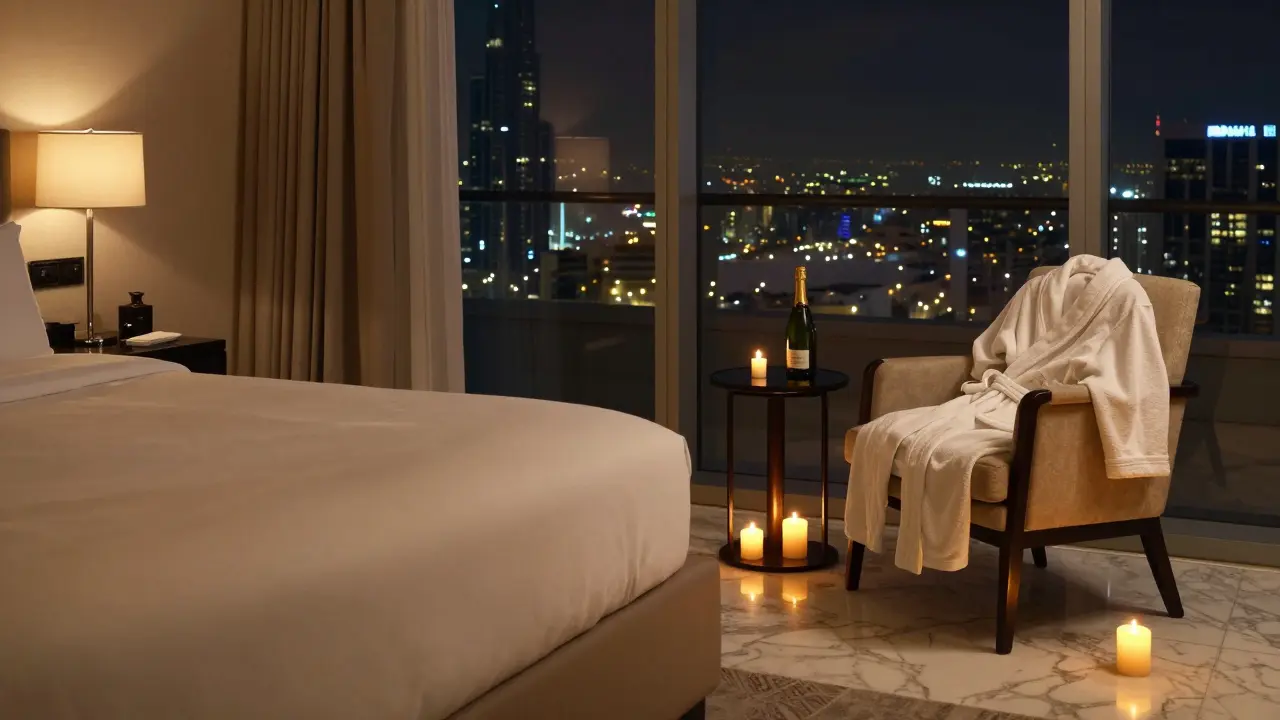 A luxurious hotel suite at night with candlelight, city views, and elegant details suggesting private intimacy.
