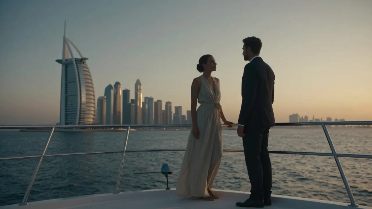 A man and woman on a luxury yacht at sunset, gazing at the Dubai skyline with quiet companionship and no physical contact.