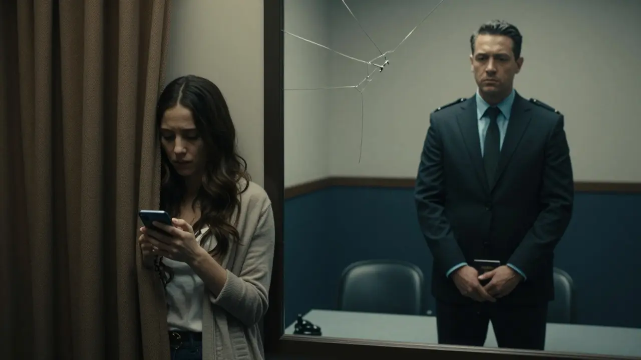 A man in a police interrogation room faces consequences while a woman hides in fear, separated by a cracked mirror.