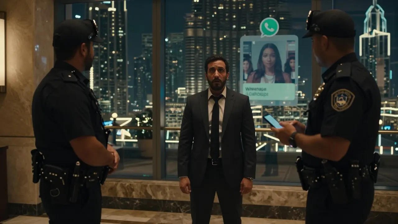 A man in a suit is approached by police in a Dubai hotel lobby, holding his seized phone as the city skyline glows behind them.