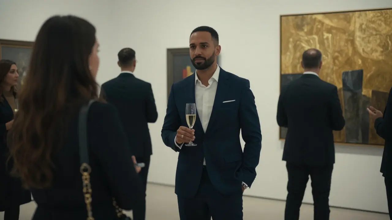 A professional companion and client at an art gallery opening in Dubai.