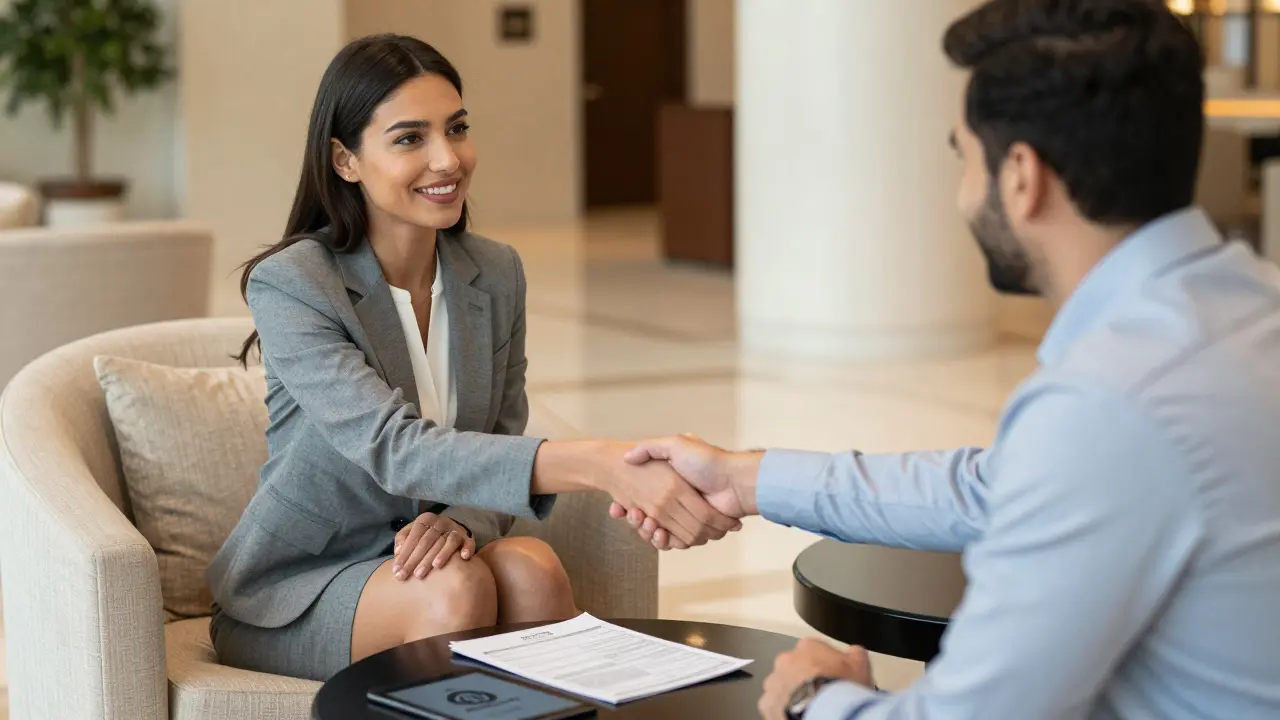A professional woman and man meeting in a luxury hotel lobby, exchanging a handshake over a coffee table with an invoice.
