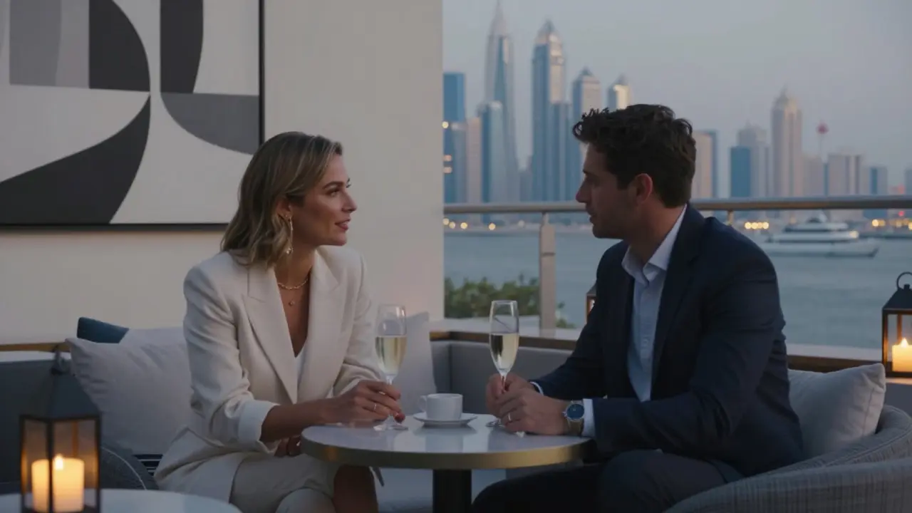 A quiet rooftop lounge in Dubai where two people share champagne in refined company.