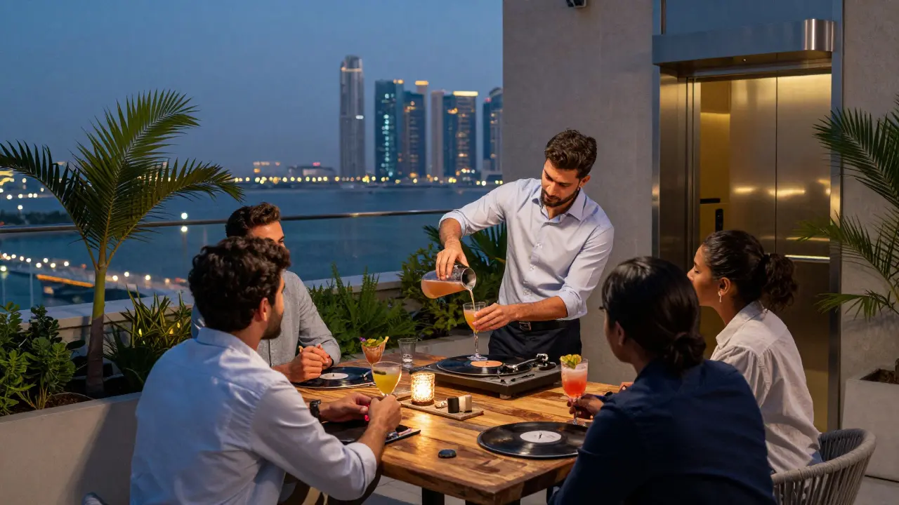 A rooftop garden in Business Bay with a mixologist pouring drinks, overlooking the serene Dubai Marina at twilight.