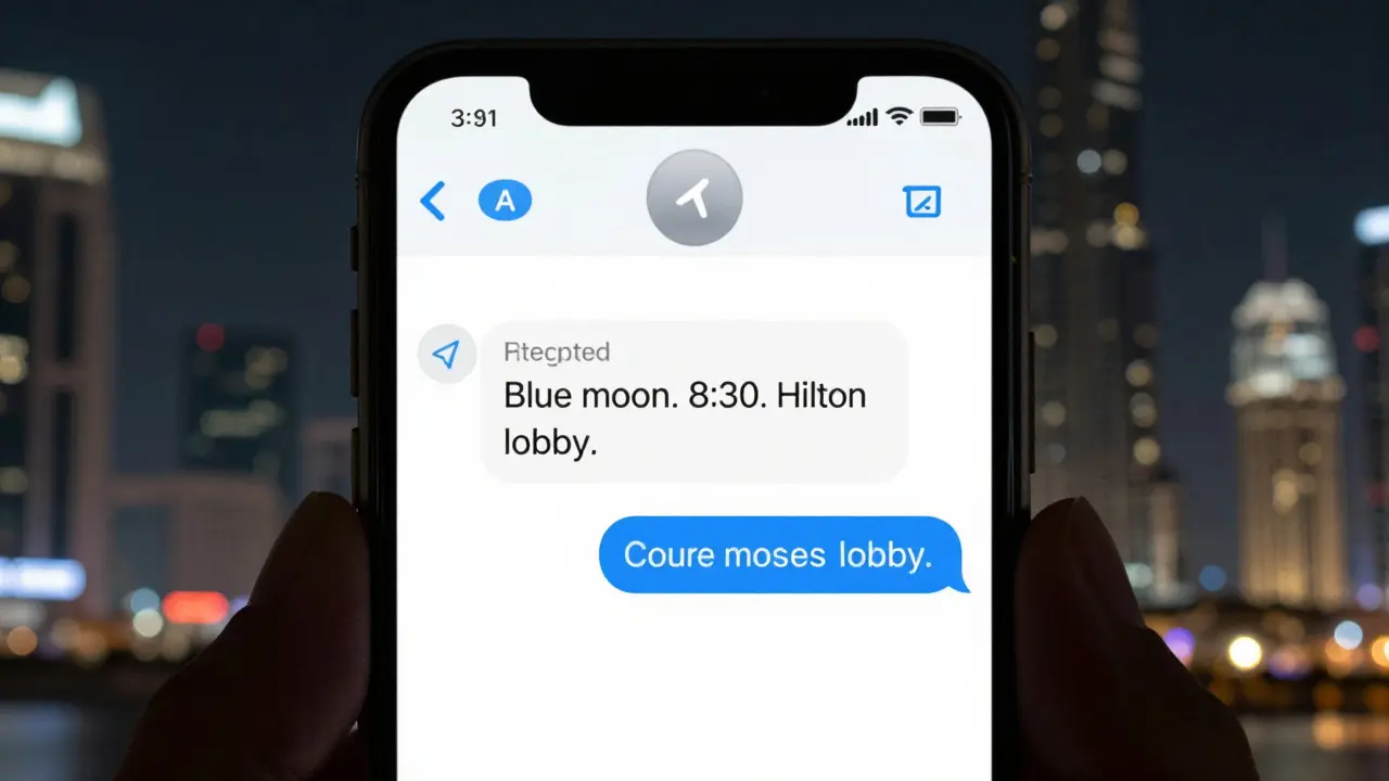 A smartphone screen showing encrypted Telegram messages with a coded meeting request in Dubai.
