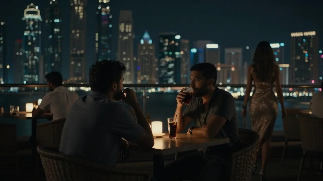 A solitary traveler on a Dubai rooftop bar, gazing at the city lights, symbolizing loneliness and fleeting human connection.
