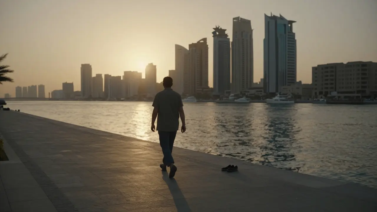 A solitary traveler walking along Dubai Creek at sunset, surrounded by the city’s glowing skyline, no one else in sight.