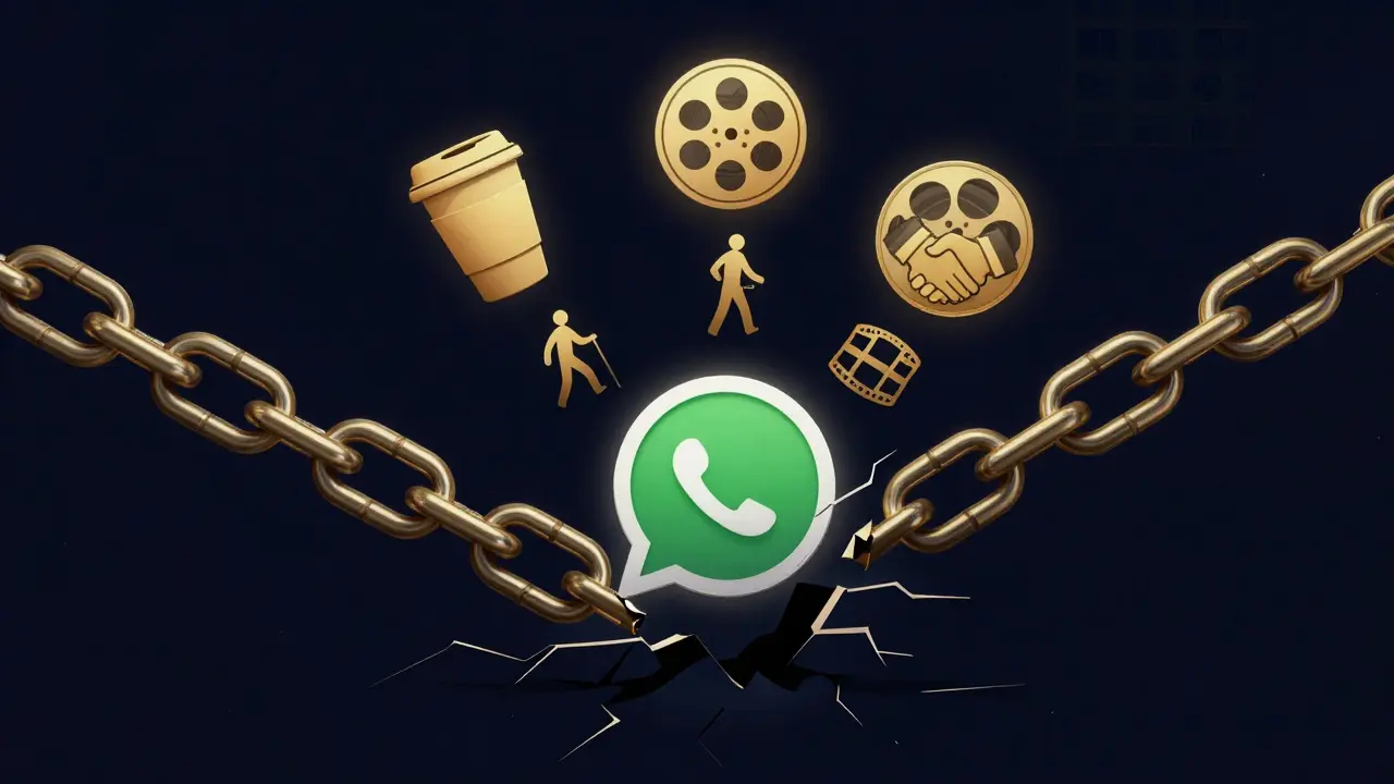 A symbolic image of breaking digital scams transforming into positive social activities like coffee, hiking, and friendship.