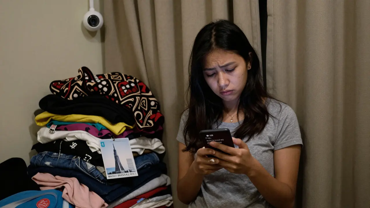 A trapped woman holds her passport in a dim apartment, surveillance camera visible, designer clothes scattered around.