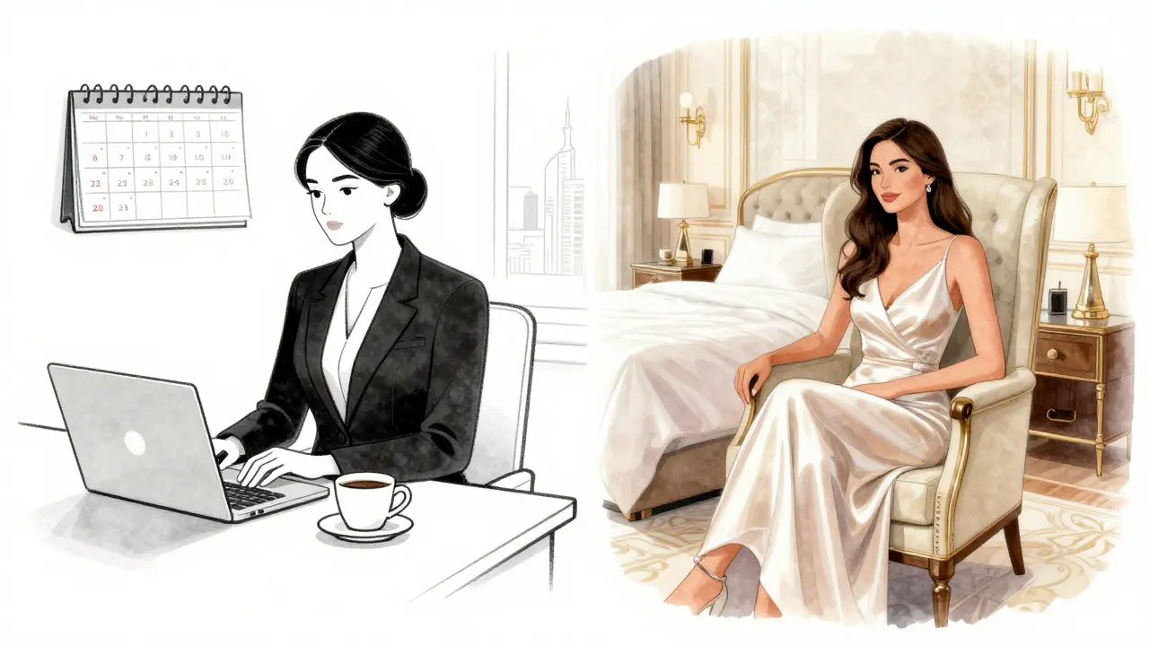A woman in professional attire at her office desk, beside the same woman in evening wear in a hotel suite, symbolizing dual life.