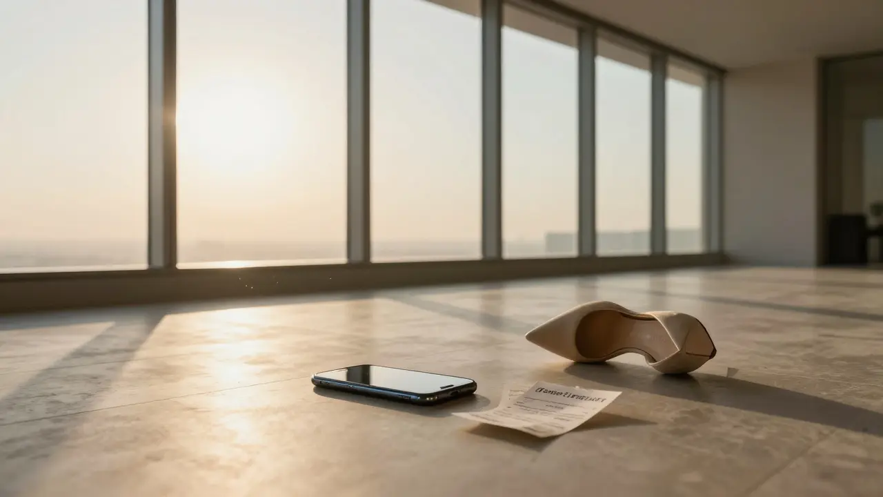 An empty luxury Dubai penthouse at dawn, with a discarded phone and payment receipt symbolizing broken promises.