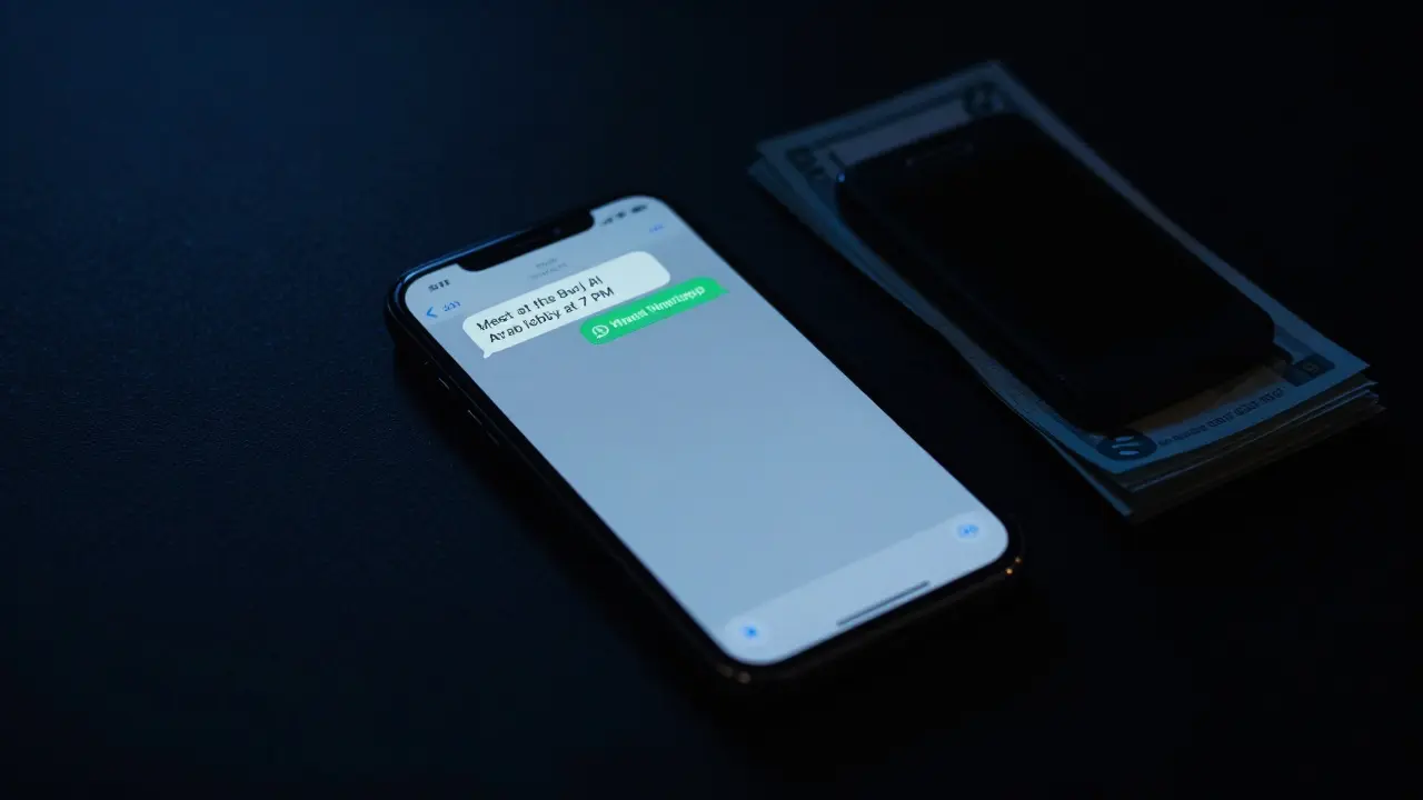 An empty smartphone showing a WhatsApp message, with cash and a burner phone nearby in a dark room.