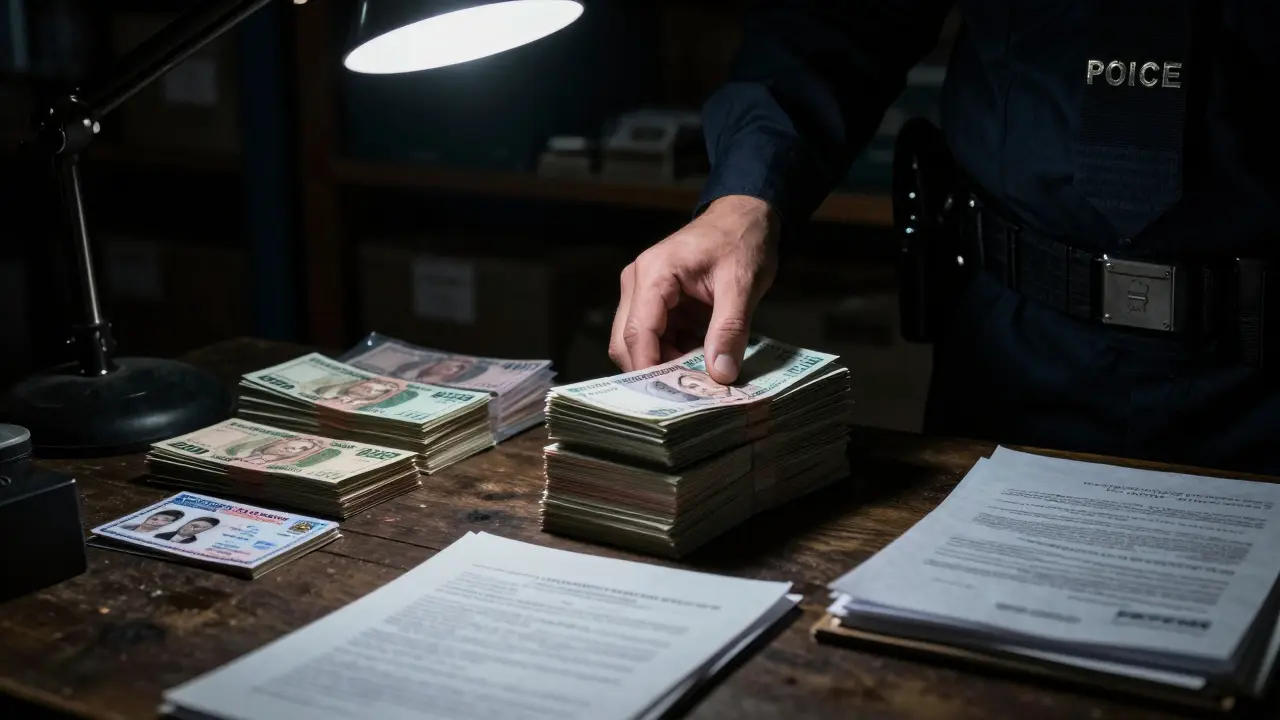 Confiscated cash and evidence from illegal escort operation.