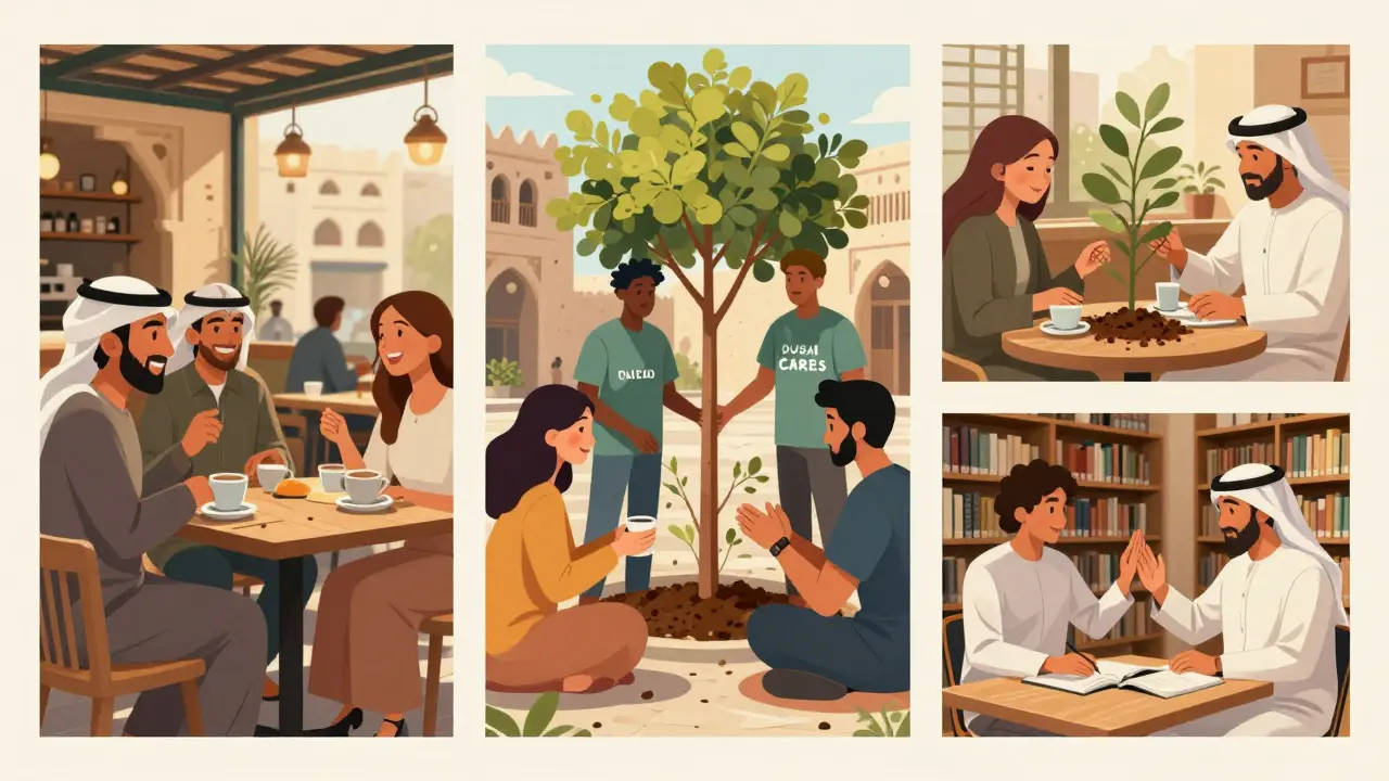 Diverse people connecting over coffee, volunteering, and learning languages in Dubai community spaces.